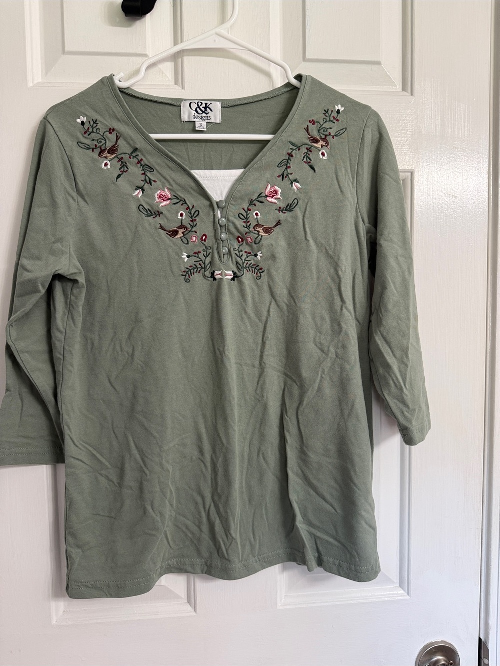 Sage Green Embroidered V-Neck Women’s Top